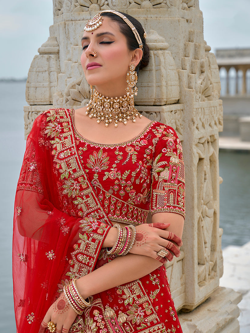 Monjolika Fashion Red Silk Embroidered Sequins Thread And Zari Work Bridal Trendy Lehenga Choli | Grocsy