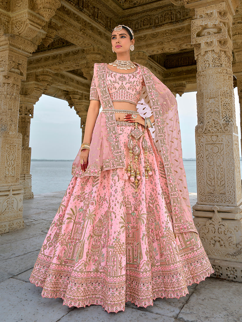 Monjolika Fashion Light Pink Silk Embroidered Sequins Thread And Zari Work Bridal Trendy Lehenga Choli | Grocsy