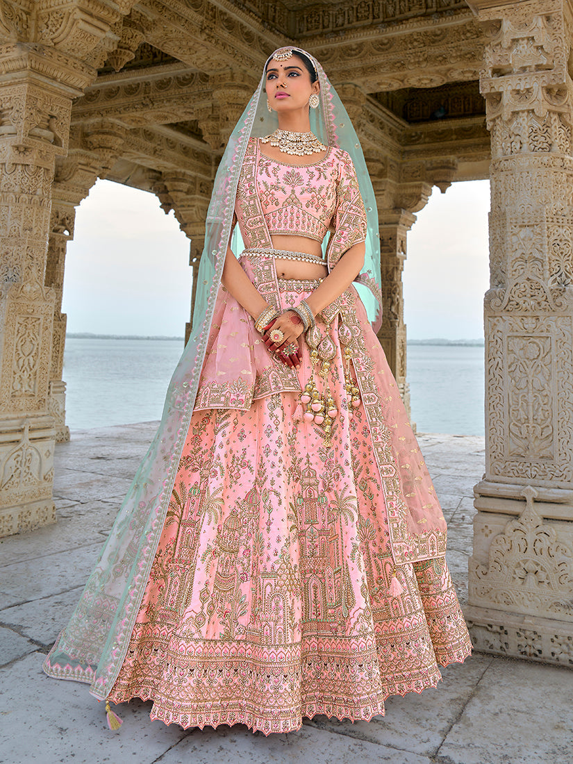 Monjolika Fashion Light Pink Silk Embroidered Sequins Thread And Zari Work Bridal Trendy Lehenga Choli | Grocsy