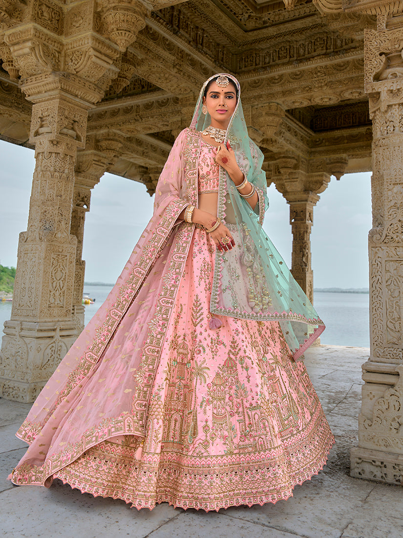 Monjolika Fashion Light Pink Silk Embroidered Sequins Thread And Zari Work Bridal Trendy Lehenga Choli | Grocsy