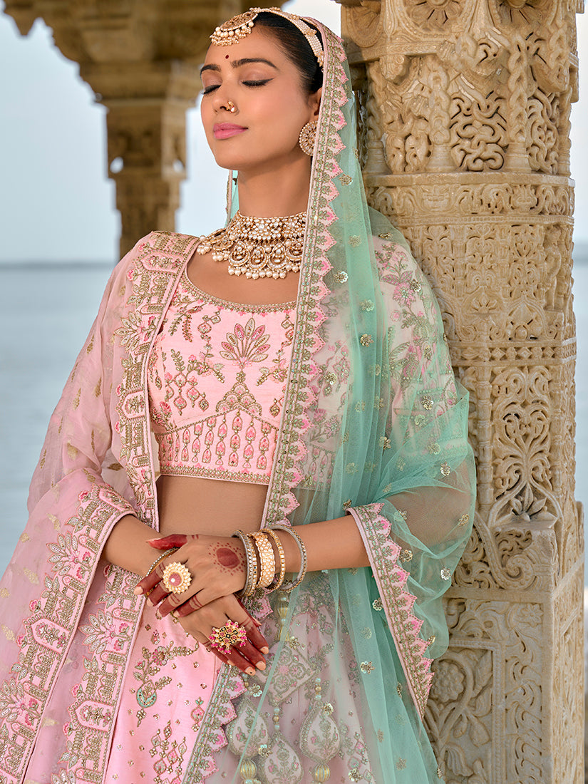 Monjolika Fashion Light Pink Silk Embroidered Sequins Thread And Zari Work Bridal Trendy Lehenga Choli | Grocsy