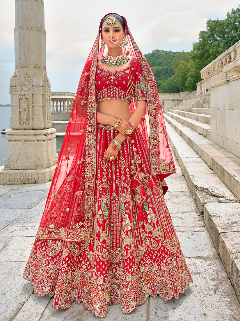 Monjolika Fashion Red Silk Embroidered Sequins Thread And Zari Work Bridal Trendy Lehenga Choli | Grocsy