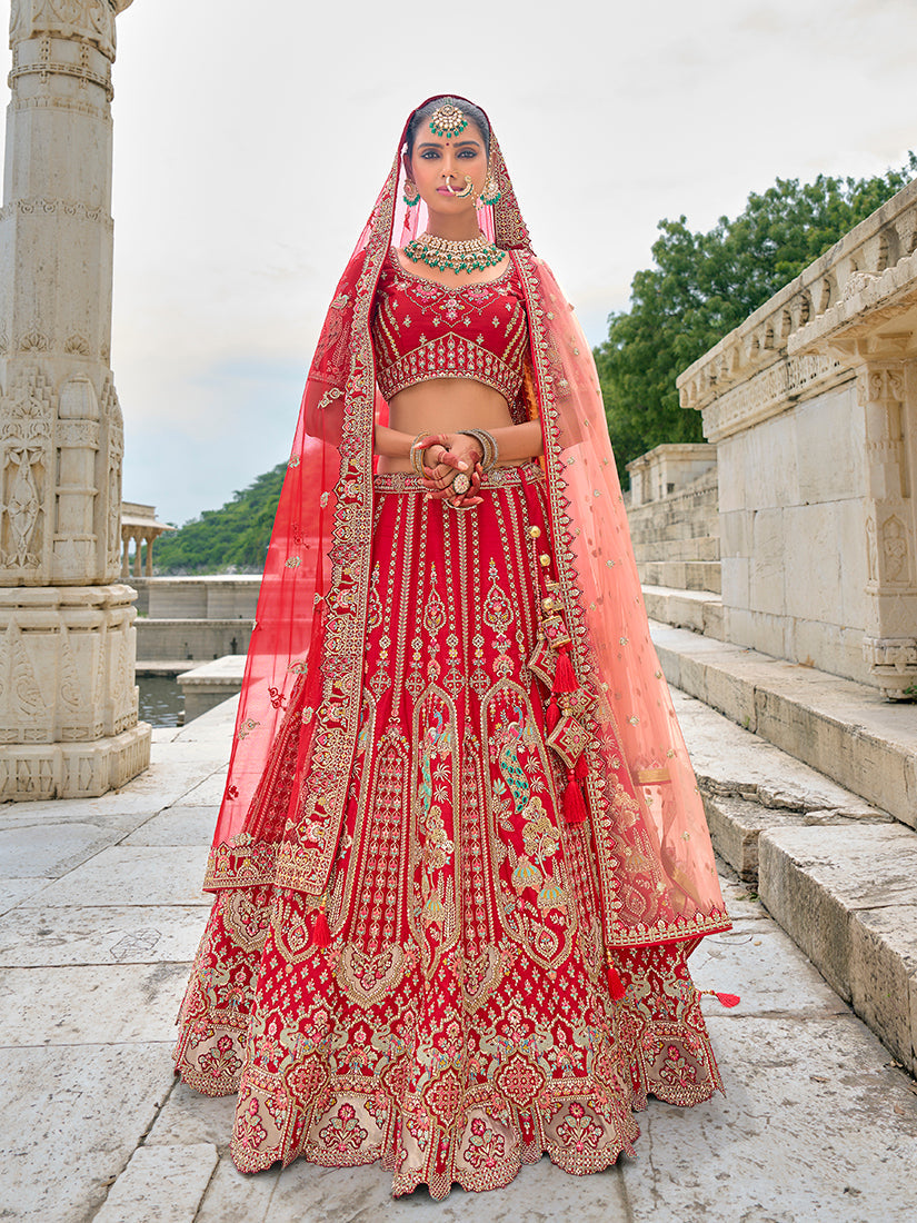 Monjolika Fashion Red Silk Embroidered Sequins Thread And Zari Work Bridal Trendy Lehenga Choli | Grocsy