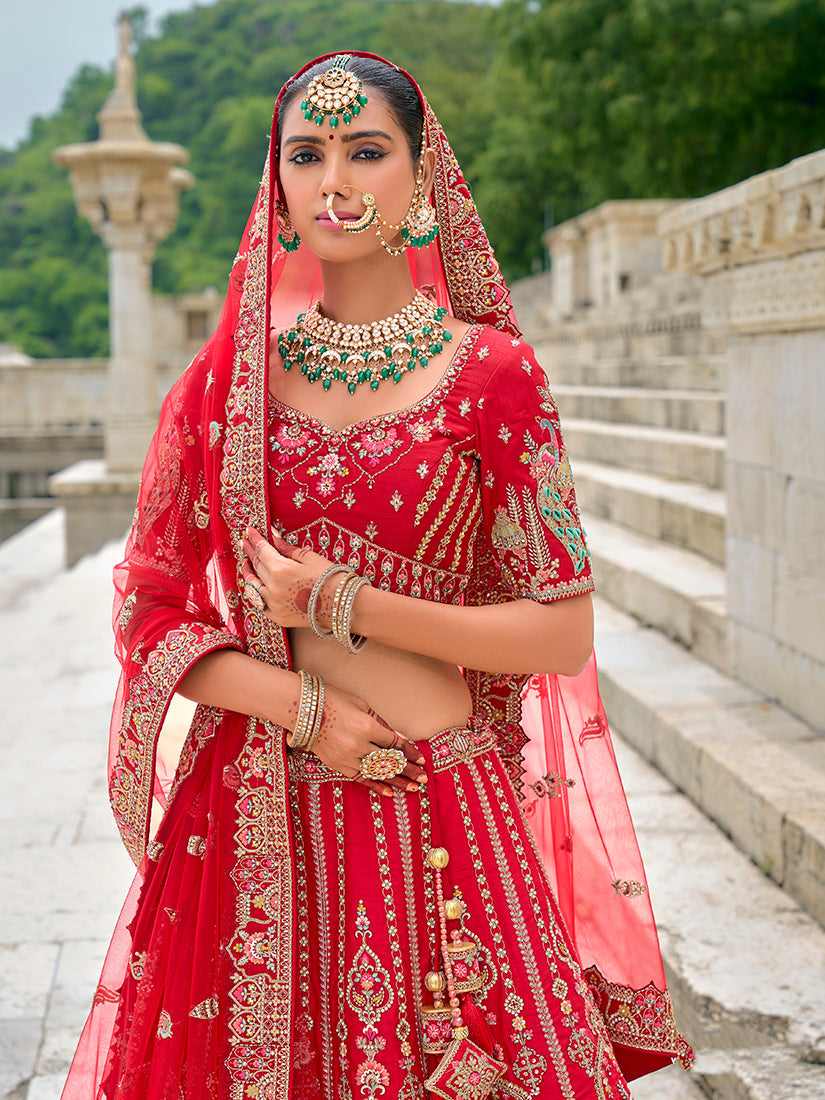 Monjolika Fashion Red Silk Embroidered Sequins Thread And Zari Work Bridal Trendy Lehenga Choli | Grocsy