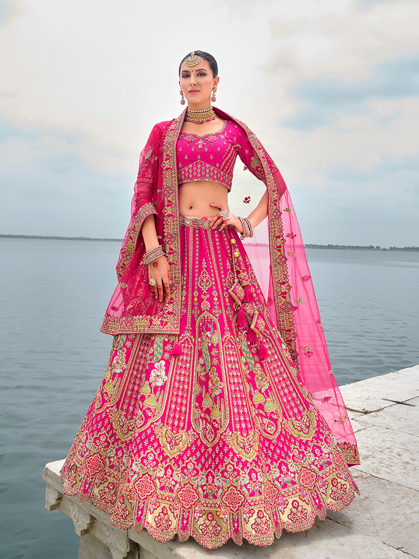 Monjolika Fashion Rani Pink Silk Embroidered Sequins Thread And Zari Work Bridal Trendy Lehenga Choli | Grocsy