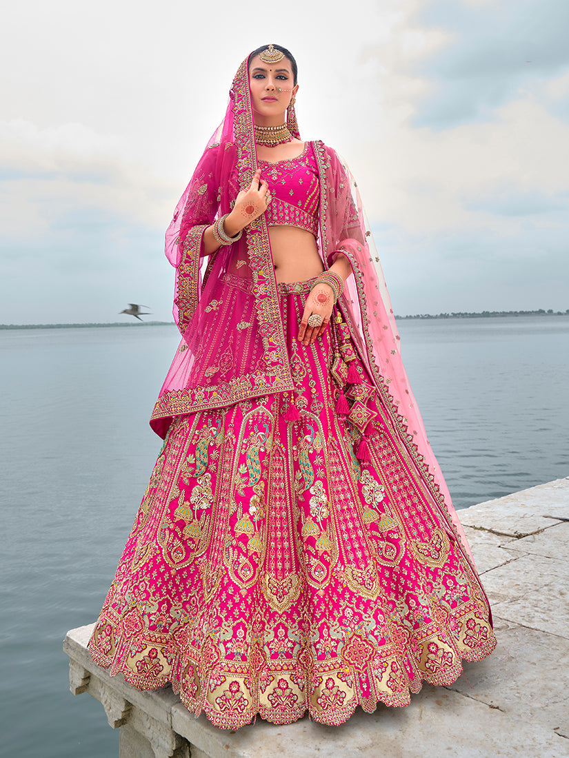 Monjolika Fashion Rani Pink Silk Embroidered Sequins Thread And Zari Work Bridal Trendy Lehenga Choli | Grocsy