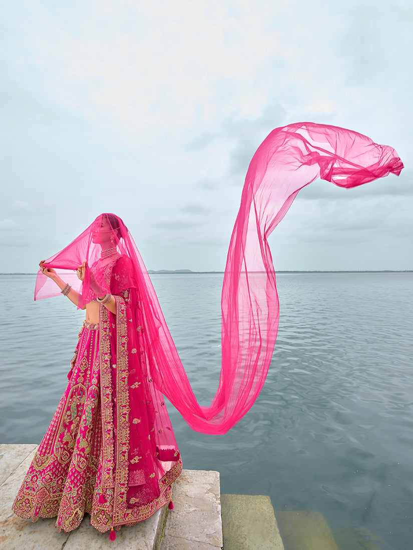 Monjolika Fashion Rani Pink Silk Embroidered Sequins Thread And Zari Work Bridal Trendy Lehenga Choli | Grocsy