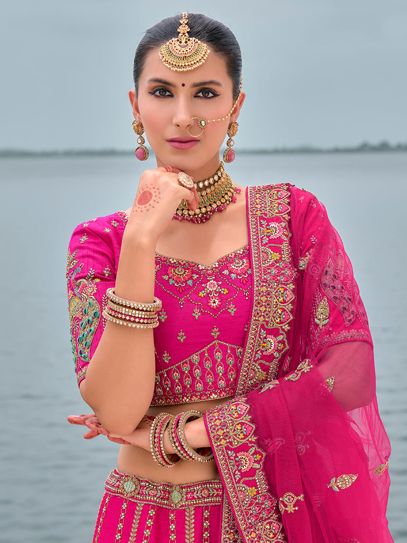 Monjolika Fashion Rani Pink Silk Embroidered Sequins Thread And Zari Work Bridal Trendy Lehenga Choli | Grocsy