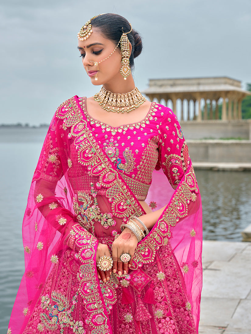 Monjolika Fashion Rani Pink Silk Embroidered Sequins Thread And Zari Work Bridal Trendy Lehenga Choli | Grocsy