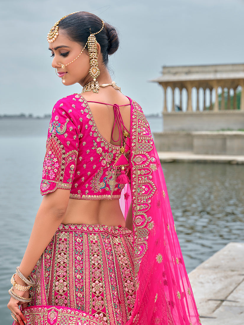 Monjolika Fashion Rani Pink Silk Embroidered Sequins Thread And Zari Work Bridal Trendy Lehenga Choli | Grocsy