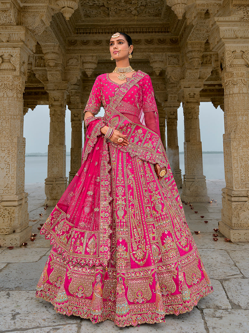 Monjolika Fashion Rani Pink Silk Embroidered Sequins Thread And Zari Work Bridal Trendy Lehenga Choli | Grocsy