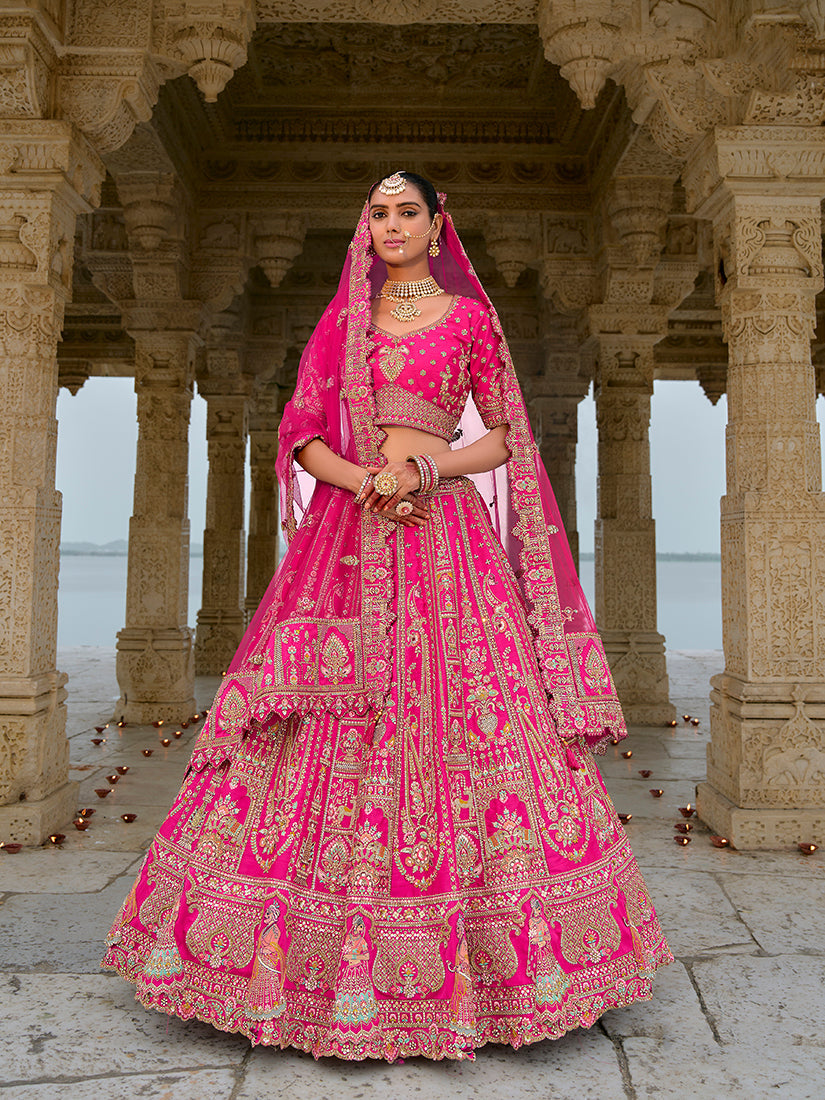 Monjolika Fashion Rani Pink Silk Embroidered Sequins Thread And Zari Work Bridal Trendy Lehenga Choli | Grocsy
