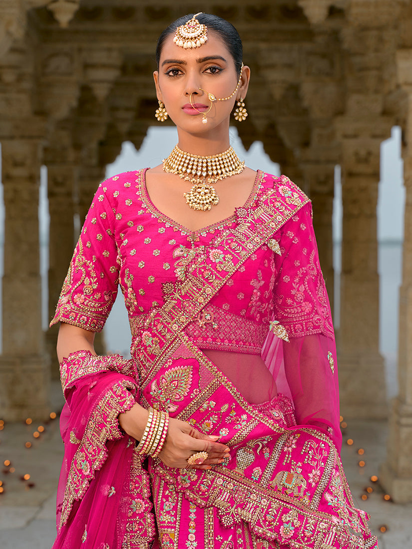 Monjolika Fashion Rani Pink Silk Embroidered Sequins Thread And Zari Work Bridal Trendy Lehenga Choli | Grocsy
