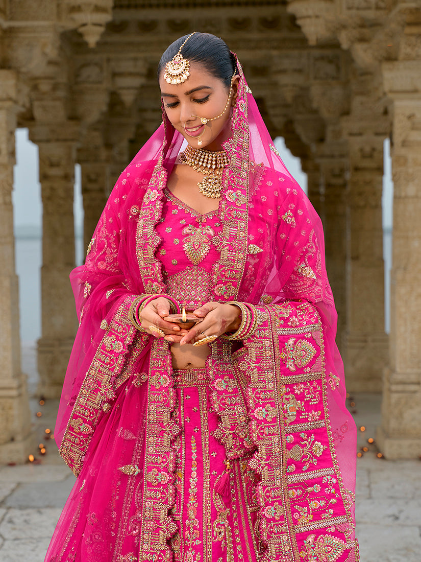 Monjolika Fashion Rani Pink Silk Embroidered Sequins Thread And Zari Work Bridal Trendy Lehenga Choli | Grocsy