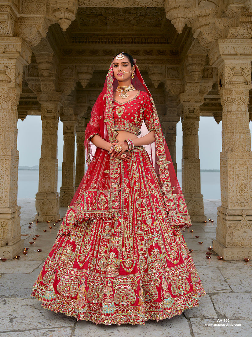 Monjolika Fashion Red Silk Embroidered Sequins Thread And Zari Work Bridal Trendy Lehenga Choli | Grocsy