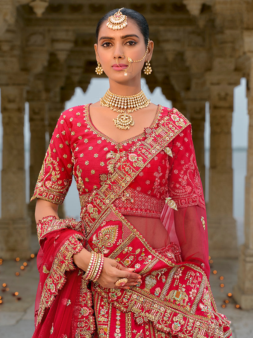 Monjolika Fashion Red Silk Embroidered Sequins Thread And Zari Work Bridal Trendy Lehenga Choli | Grocsy