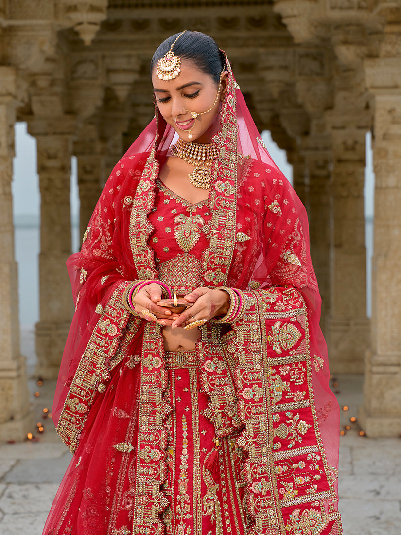 Monjolika Fashion Red Silk Embroidered Sequins Thread And Zari Work Bridal Trendy Lehenga Choli | Grocsy
