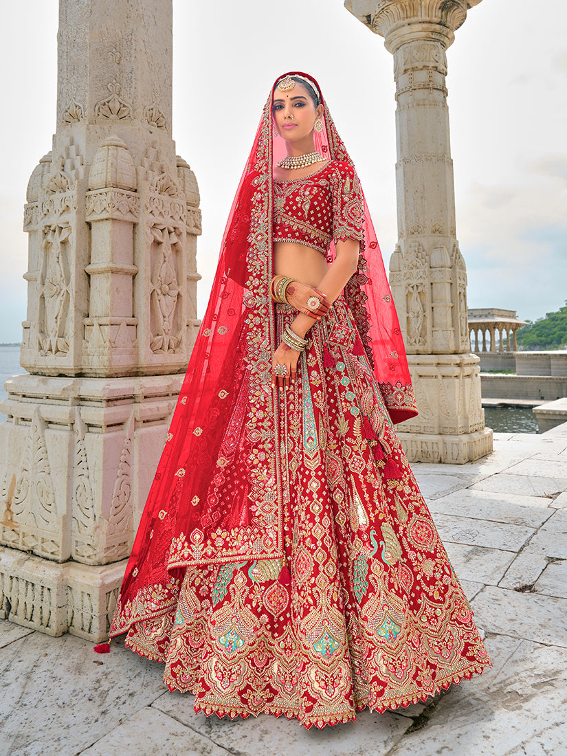 Monjolika Fashion Red Silk Embroidered Sequins Thread And Zari Work Bridal Trendy Lehenga Choli | Grocsy