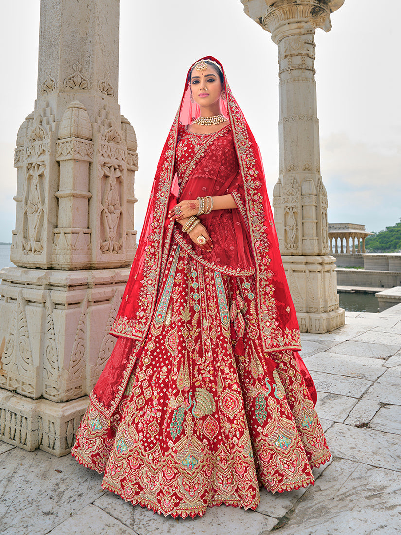 Monjolika Fashion Red Silk Embroidered Sequins Thread And Zari Work Bridal Trendy Lehenga Choli | Grocsy