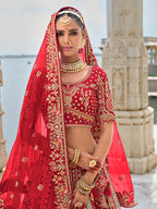 Monjolika Fashion Red Silk Embroidered Sequins Thread And Zari Work Bridal Trendy Lehenga Choli | Grocsy