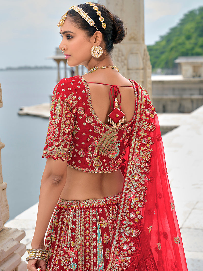 Monjolika Fashion Red Silk Embroidered Sequins Thread And Zari Work Bridal Trendy Lehenga Choli | Grocsy