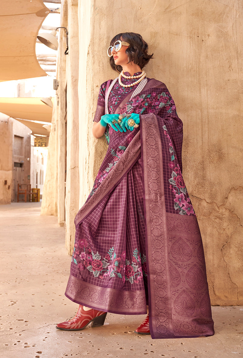 Monjolika Fashion Georgette Weaving Work Digital Print Burgundy Classic Saree | Grocsy