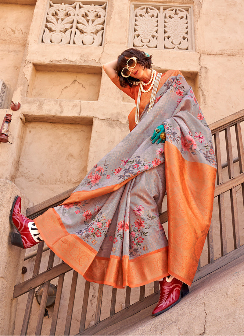 Monjolika Fashion Georgette Weaving Work Digital Print Grey Classic Saree | Grocsy