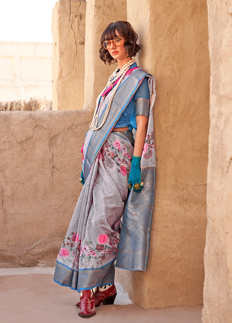Monjolika Fashion Georgette Weaving Work Digital Print Grey Classic Saree | Grocsy