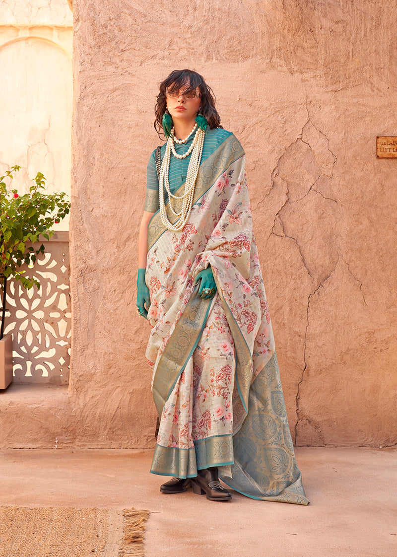 Monjolika Fashion Georgette Weaving Work Digital Print Cream Classic Saree | Grocsy