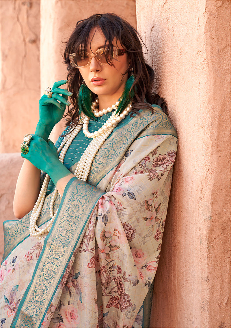 Monjolika Fashion Georgette Weaving Work Digital Print Cream Classic Saree | Grocsy
