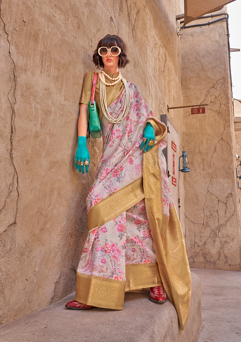 Monjolika Fashion Georgette Weaving Work Digital Print Light Grey Classic Saree | Grocsy