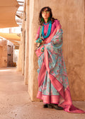 Monjolika Fashion Georgette Weaving Work Digital Print Aqua Blue Classic Saree | Grocsy
