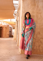 Monjolika Fashion Georgette Weaving Work Digital Print Aqua Blue Classic Saree | Grocsy