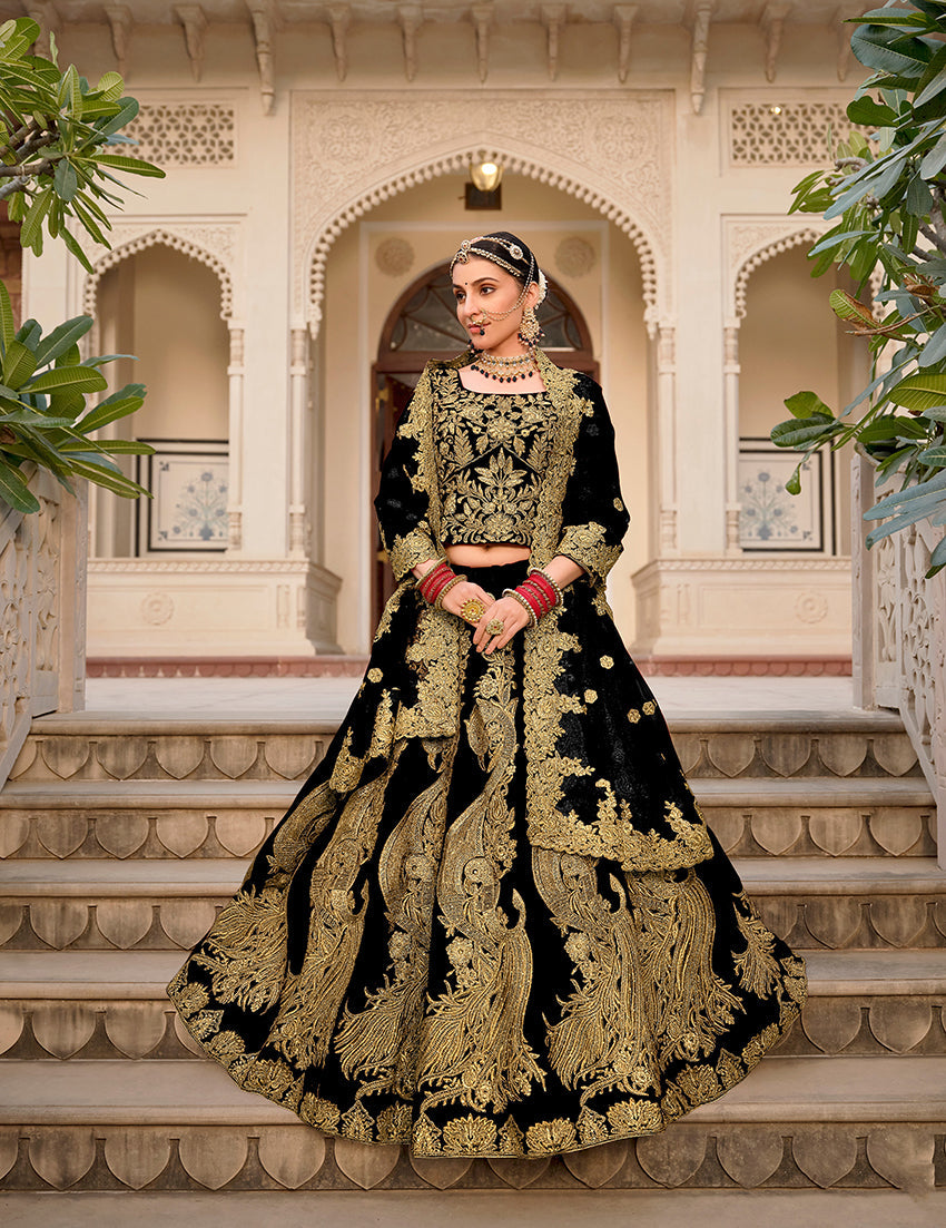 Monjolika Fashion Velvet Black Embroidered Stone Work Wedding Lehenga Choli | Grocsy