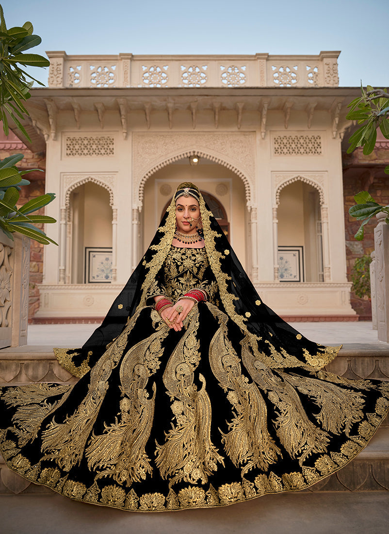 Monjolika Fashion Velvet Black Embroidered Stone Work Wedding Lehenga Choli | Grocsy