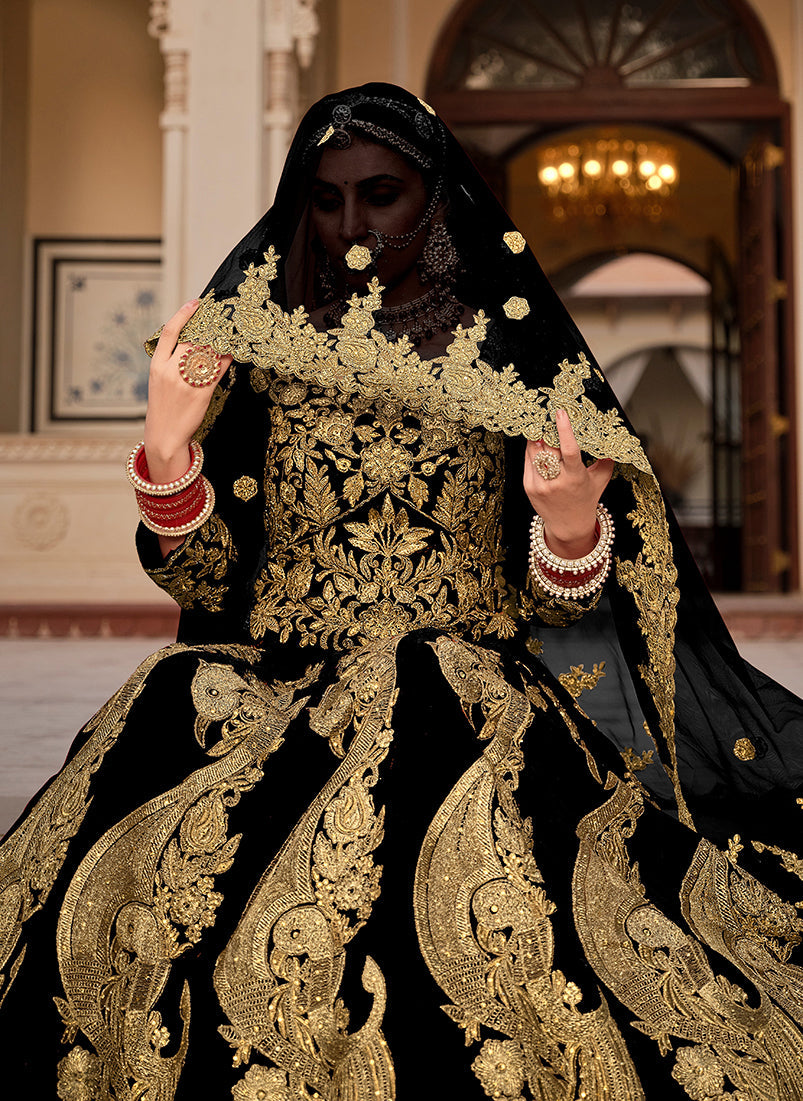Monjolika Fashion Velvet Black Embroidered Stone Work Wedding Lehenga Choli | Grocsy