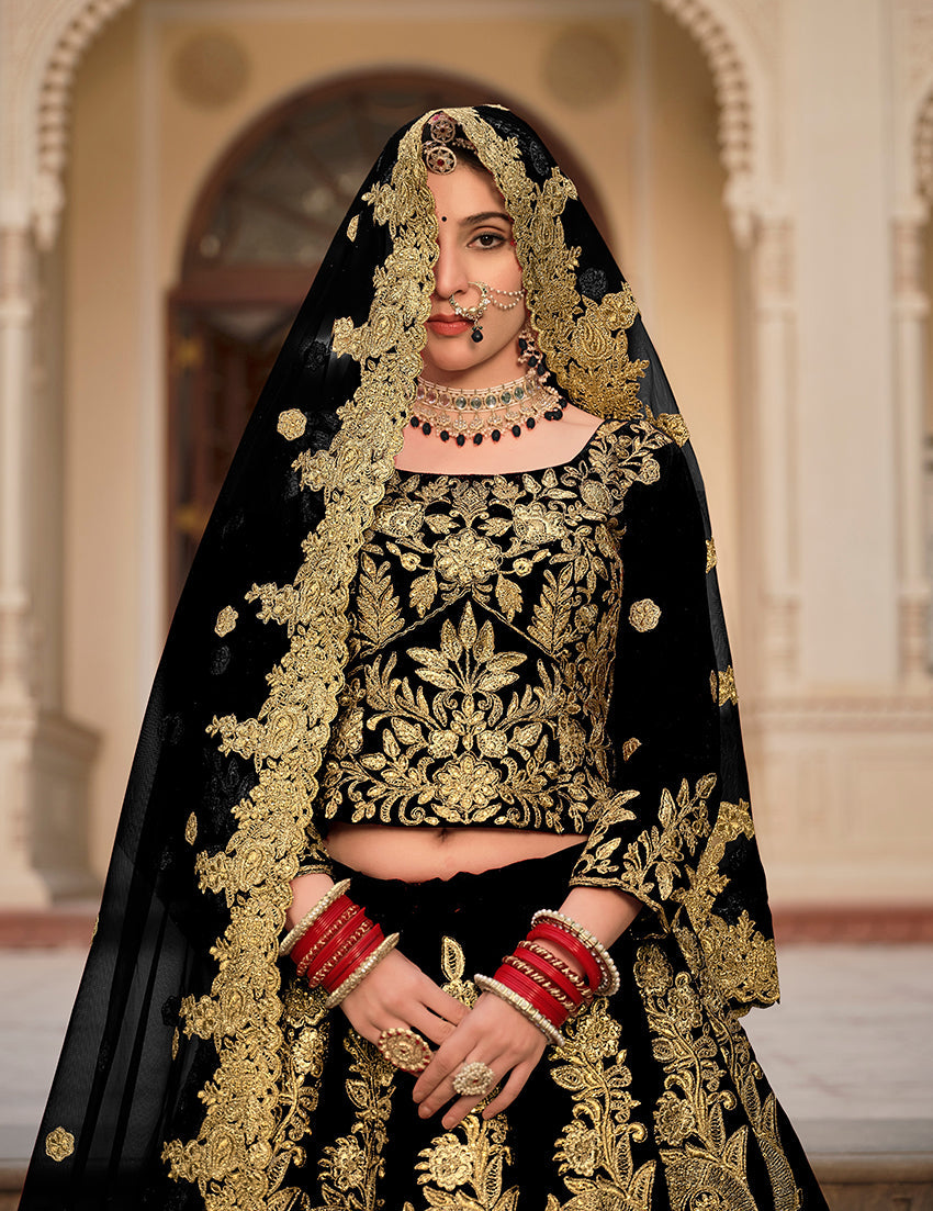 Monjolika Fashion Velvet Black Embroidered Stone Work Wedding Lehenga Choli | Grocsy