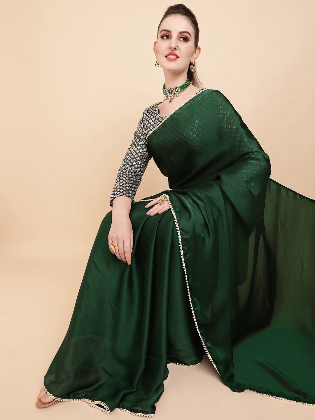 Sangria Green Sequinned Satin Saree | Grocsy