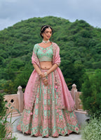 Monjolika Fashion Silk Blend Embroidered Sequins Light Turquoise And Pink Designer Lehenga Choli | Grocsy