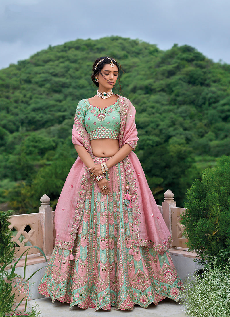 Monjolika Fashion Silk Blend Embroidered Sequins Light Turquoise And Pink Designer Lehenga Choli | Grocsy