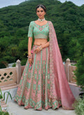 Monjolika Fashion Silk Blend Embroidered Sequins Light Turquoise And Pink Designer Lehenga Choli | Grocsy