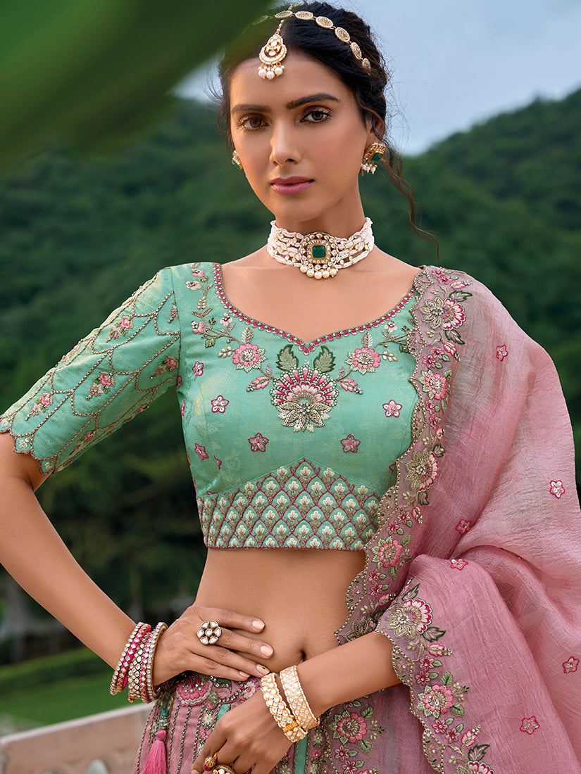 Monjolika Fashion Silk Blend Embroidered Sequins Light Turquoise And Pink Designer Lehenga Choli | Grocsy