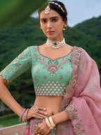 Monjolika Fashion Silk Blend Embroidered Sequins Light Turquoise And Pink Designer Lehenga Choli | Grocsy