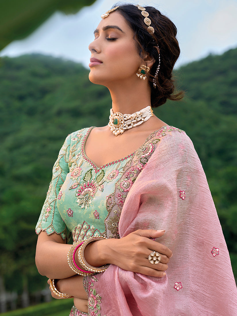 Monjolika Fashion Silk Blend Embroidered Sequins Light Turquoise And Pink Designer Lehenga Choli | Grocsy