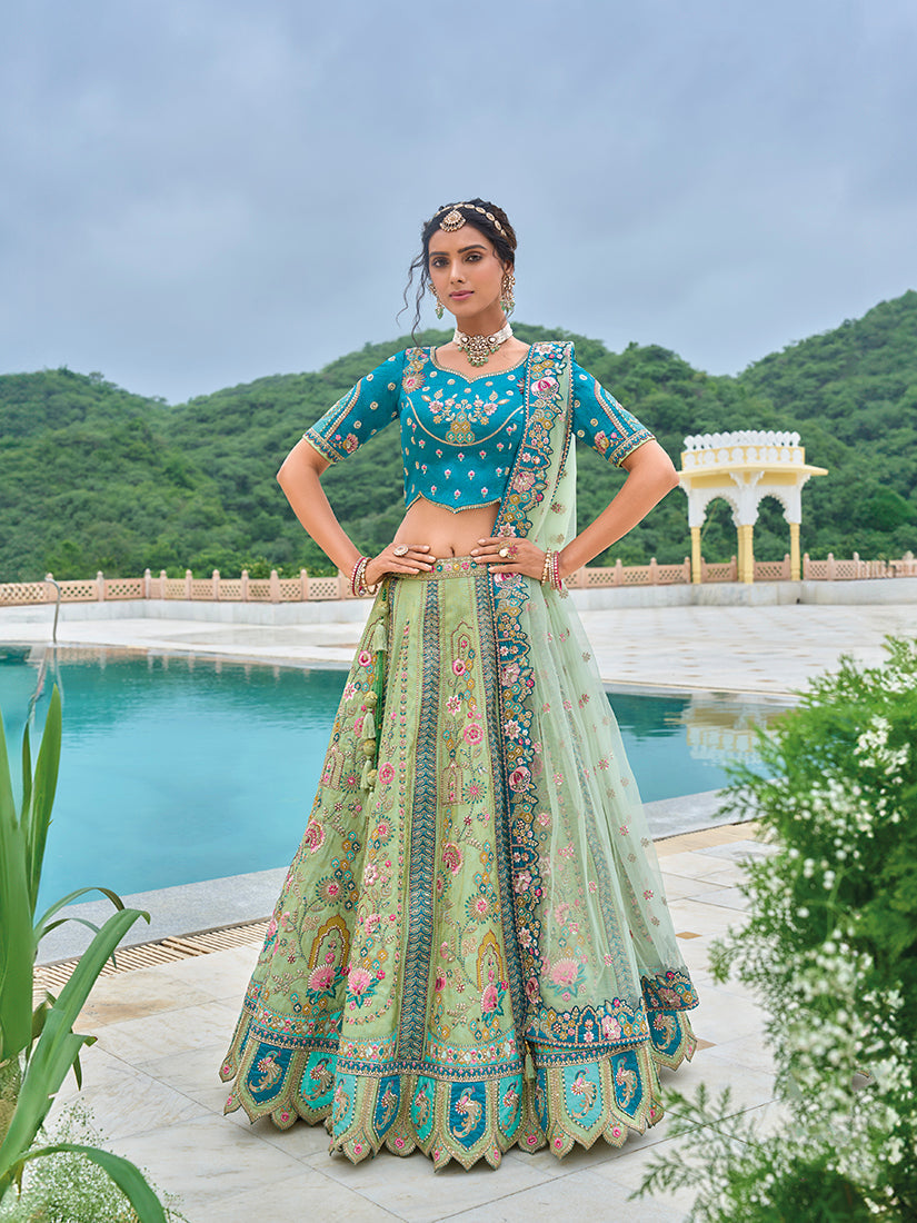 Monjolika Fashion Silk Blend Embroidered Sequins Sea Green And Turquoise Designer Lehenga Choli | Grocsy