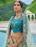 Monjolika Fashion Silk Blend Embroidered Sequins Sea Green And Turquoise Designer Lehenga Choli | Grocsy