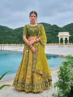 Monjolika Fashion Silk Blend Embroidered Sequins Green And Mehendi Designer Lehenga Choli | Grocsy