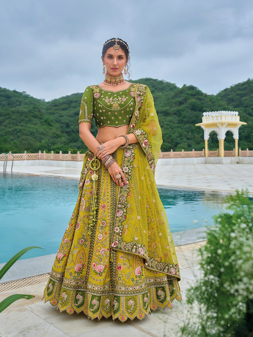 Monjolika Fashion Silk Blend Embroidered Sequins Green And Mehendi Designer Lehenga Choli | Grocsy