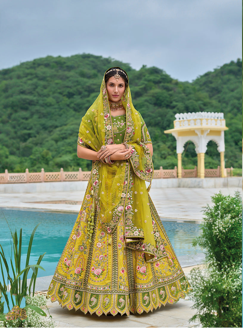 Monjolika Fashion Silk Blend Embroidered Sequins Green And Mehendi Designer Lehenga Choli | Grocsy