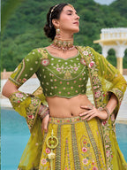 Monjolika Fashion Silk Blend Embroidered Sequins Green And Mehendi Designer Lehenga Choli | Grocsy
